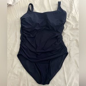Athleta Navy square neck athleta one piece with cute back cut out